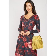 Charcoal Black Floral Printed V Neck Dress